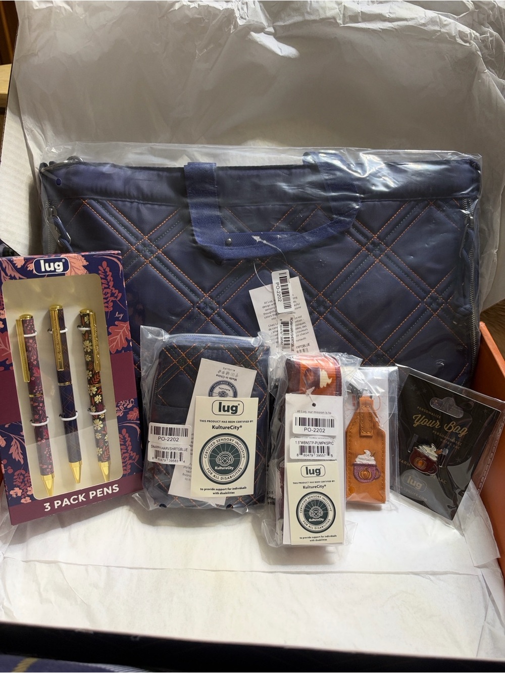 lug Navy Quilted Tote with Orange Stitching and Orange Accent Key Fob